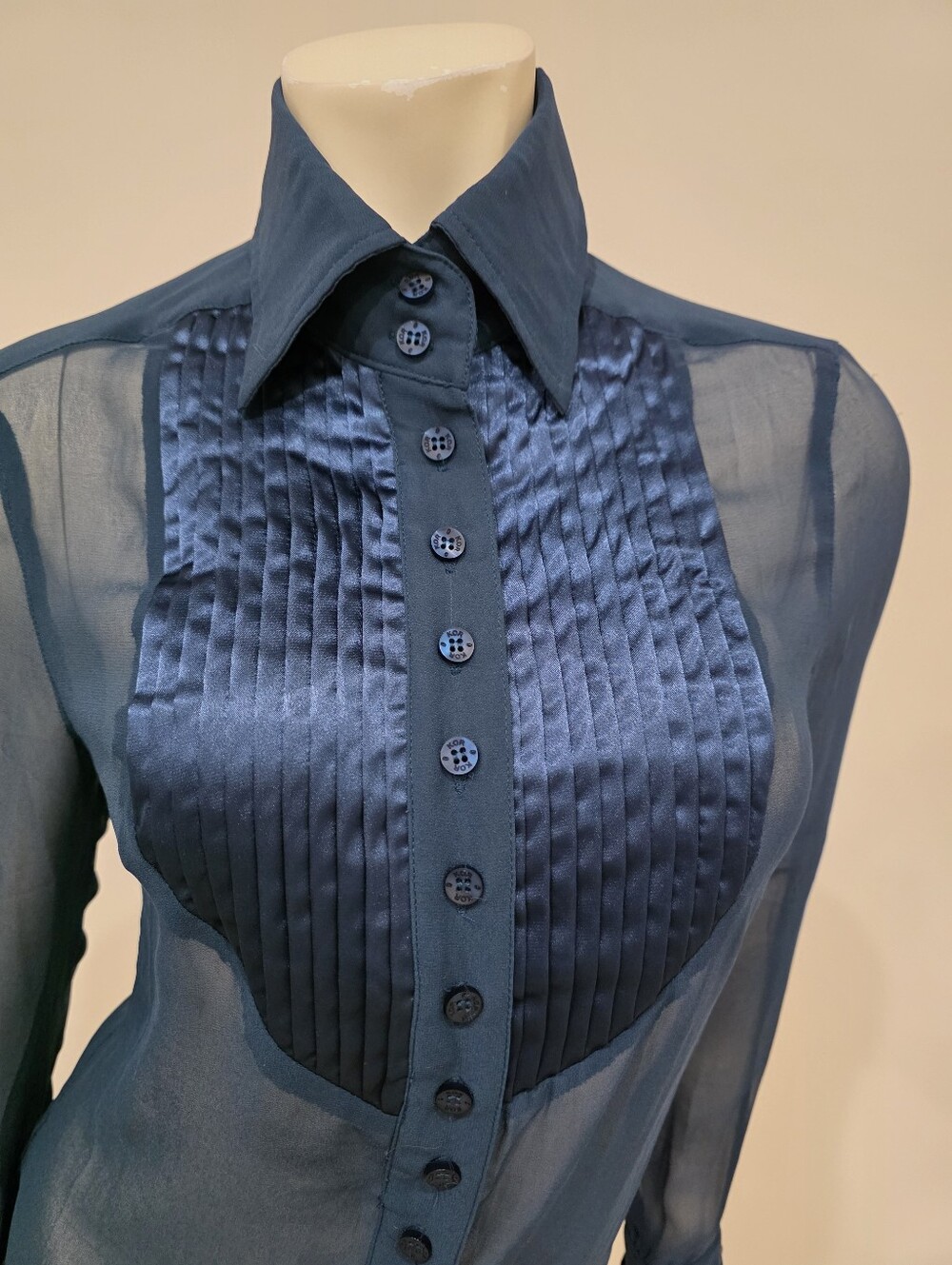 Rare Kor@Kor Sheer Dark Turquoise Satin Pleated Bib Button Down Blouse - Picture 4 of 14